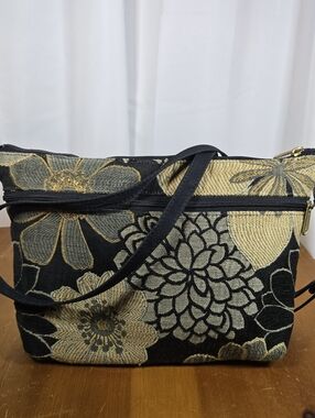 Danny K Vintage Floral Jacquard Crossbody Bag in Black and Gold